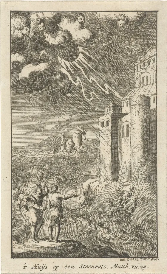 Água-forte: dois homens de pé numa rocha apontam para o mar em tempestade; à direita, uma casa alta de pedra resiste às ondas; ao fundo, outra construção desaba e afunda; nuvens com rostos sopram vento e um raio corta o céu.