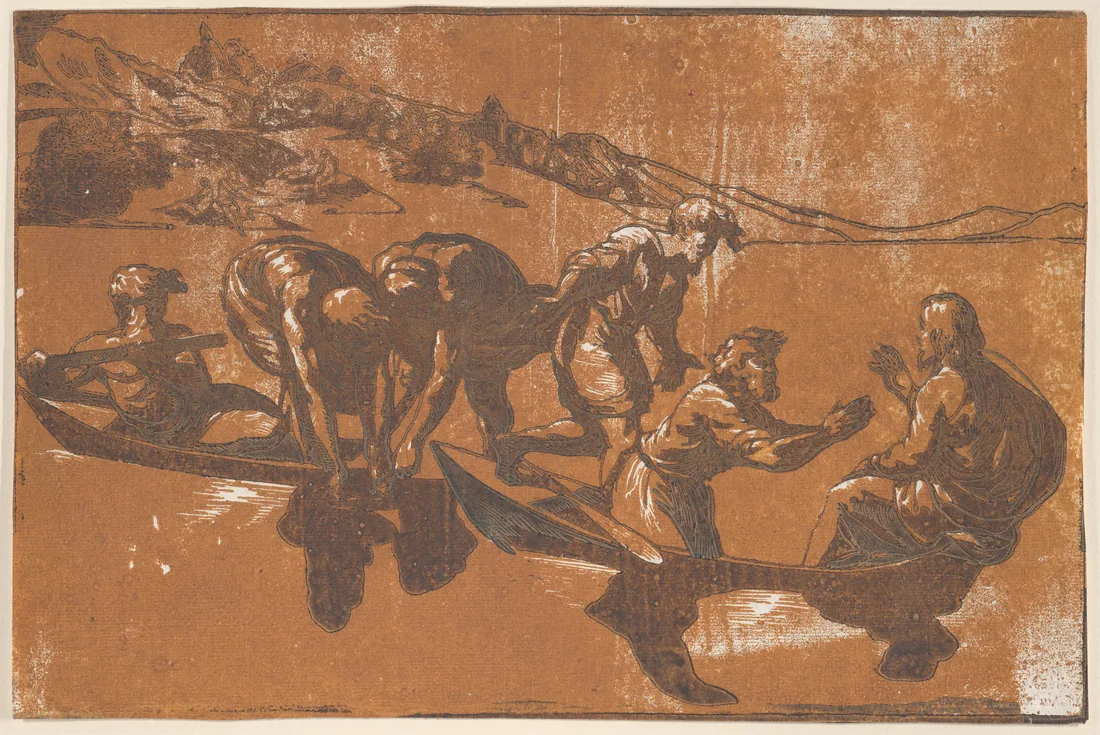 Xilogravura em tons de marrom: dois barcos estreitos sobre a água; à esquerda, um remador sentado à popa; no meio, dois homens dobrados sobre a borda recolhem uma rede e um terceiro avança de pé pelo barco; à direita, um homem de joelhos estende as mãos para uma figura de manto sentada na proa; ao fundo, uma margem com morros e casas.