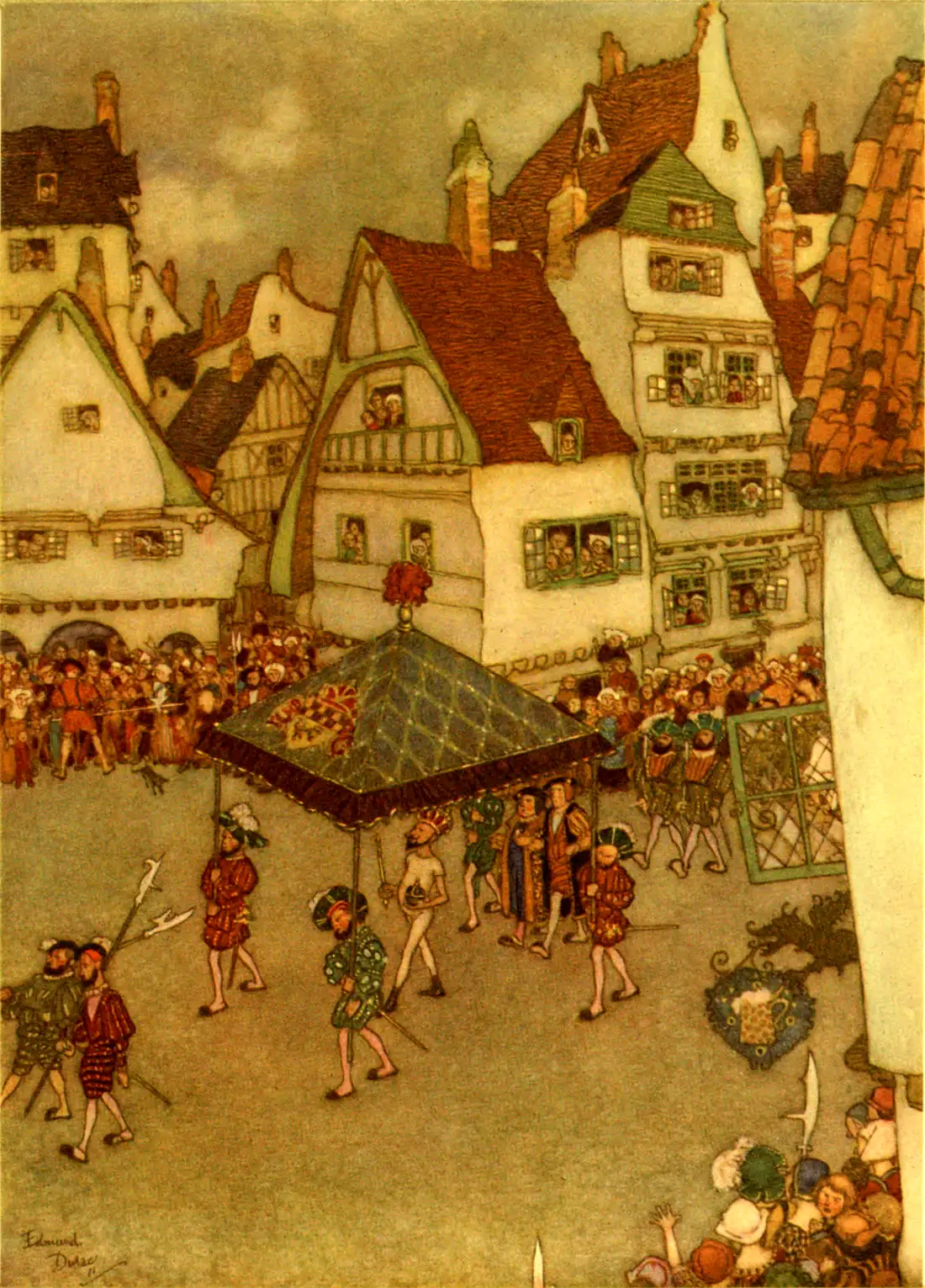 Ilustração colorida de uma praça de cidade antiga, com casas altas de telhado vermelho e janelas cheias de gente; no centro, sob um dossel escuro de pontas emplumadas, o imperador de coroa caminha quase nu entre pajens e fidalgos de roupas listradas e alabardeiros; multidões apertam-se nas ruas, e um letreiro de cervejaria pende à direita.