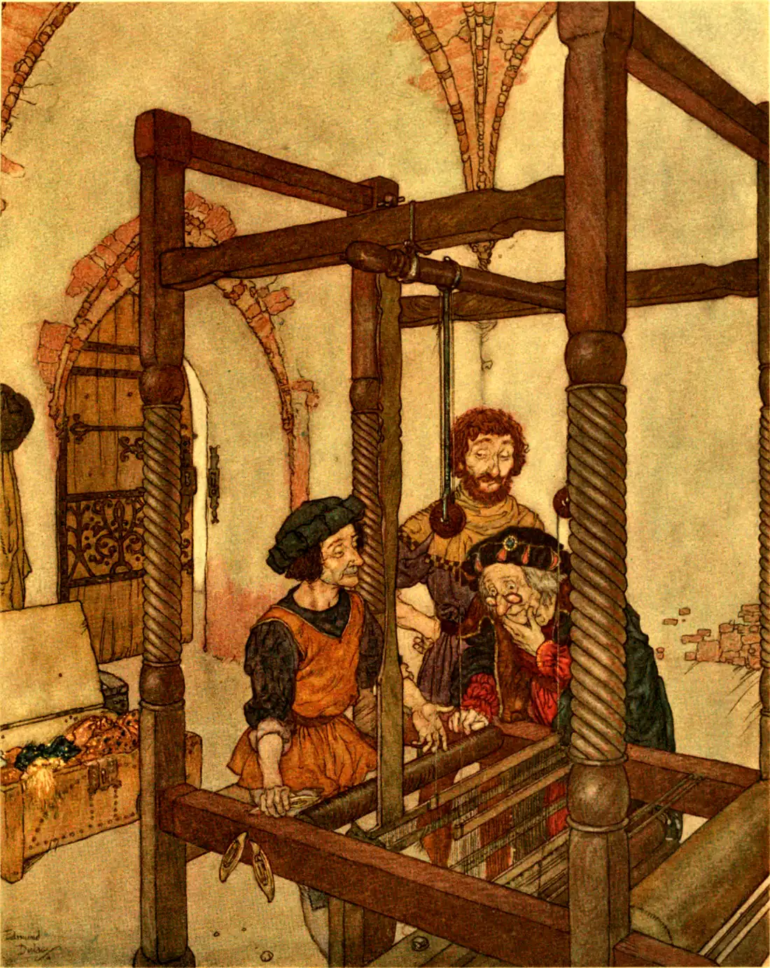 Ilustração colorida de um tear de madeira com colunas torneadas num aposento de abóbadas de tijolo: dois tecelões, um de avental laranja e outro de barba ruiva, estão ao tear; ao lado, um velho de barrete escuro e óculos, com a mão na boca, inclina-se para olhar a peça; à esquerda, um baú aberto com tecidos.