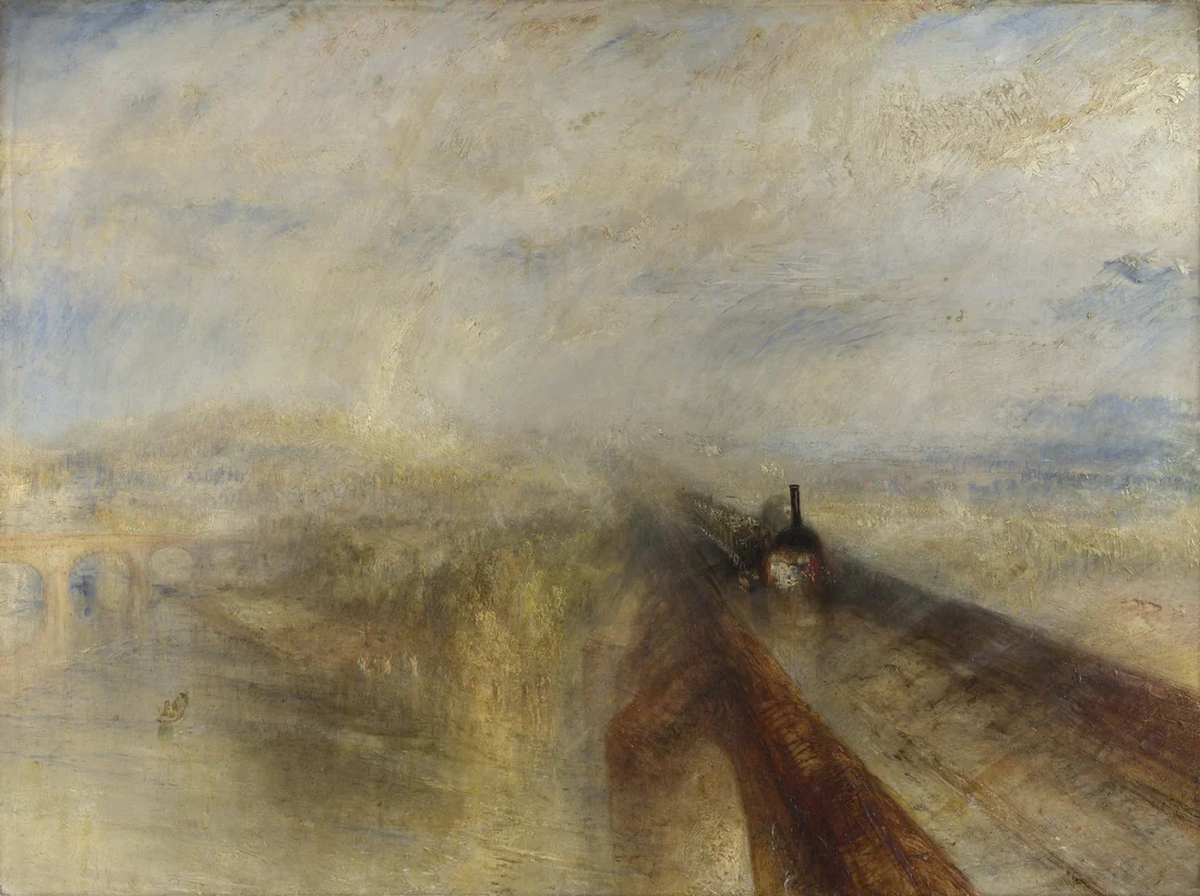 Pintura a óleo em névoa de chuva e vapor, em tons de ocre, cinza e azul pálido: uma locomotiva escura com chaminé vertical avança de frente por uma ponte, os trilhos abrindo-se em rampas marrons em primeiro plano; à esquerda, uma ponte de arcos de tijolo e um barquinho sobre um rio difuso.