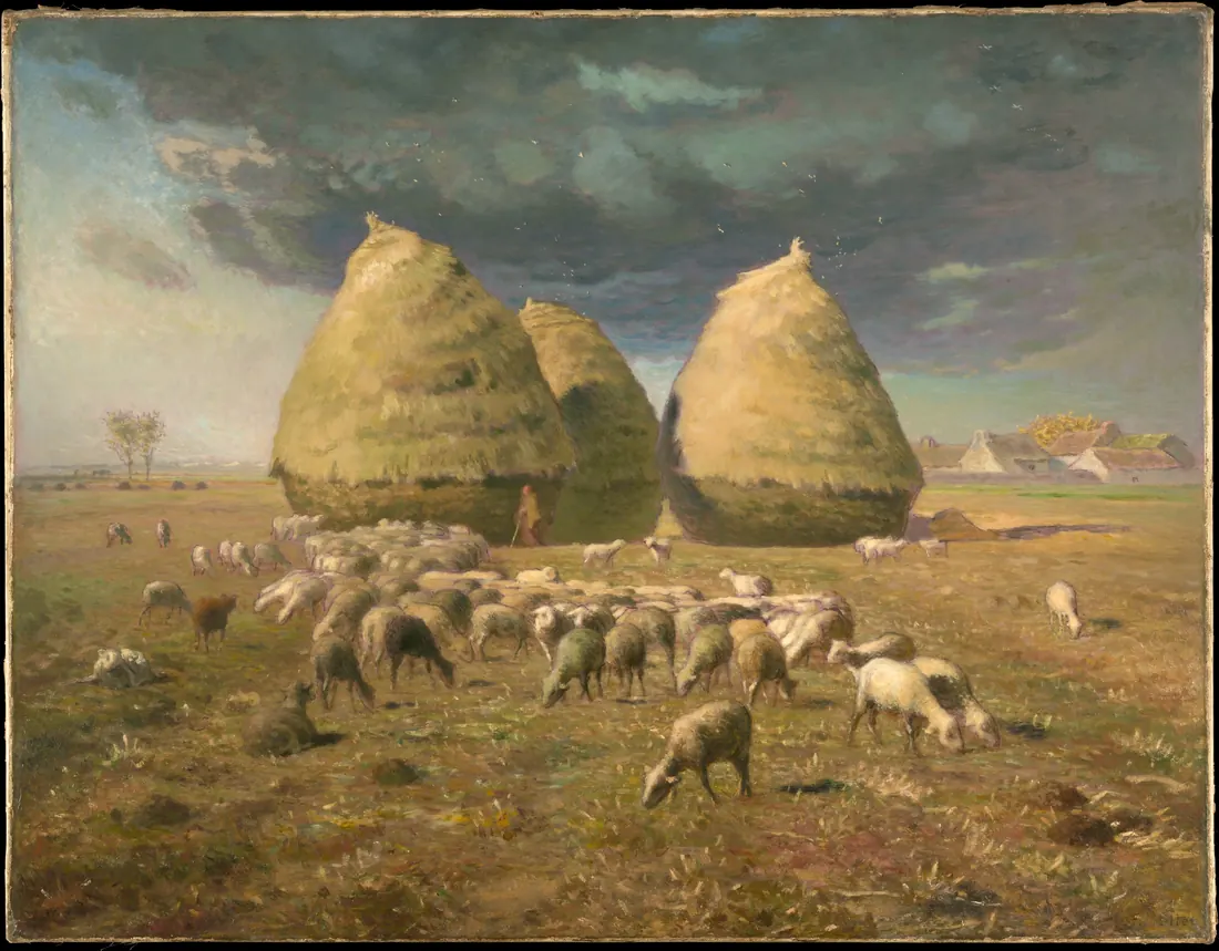 Pintura de uma paisagem de outono: três medas de feno enormes, em forma de sino, erguem-se num campo de restolho sob nuvens escuras e carregadas; ao pé das medas, um pastor pequeno quase se perde; dezenas de ovelhas pastam em primeiro plano; ao fundo à direita, telhados de casas de fazenda.