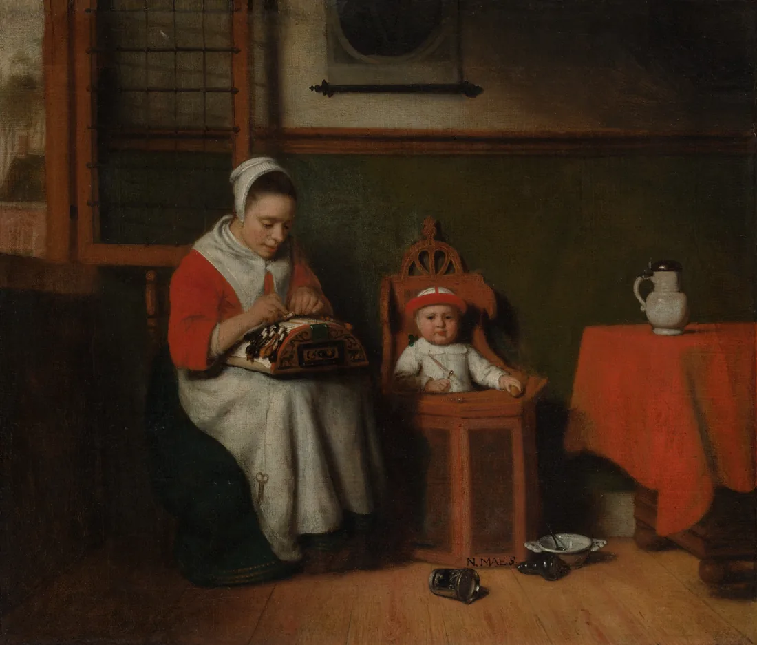 Pintura de interior holandês: uma mulher de touca branca e blusa vermelha faz renda sobre uma almofada, no colo, com a cabeça inclinada sobre o trabalho; ao lado dela, uma criança de gorro vermelho e branco, sentada numa cadeira alta de madeira, olha para fora do quadro; à direita, uma mesa com toalha vermelha e uma jarra; no chão, uma tigela e uma caneca tombada.