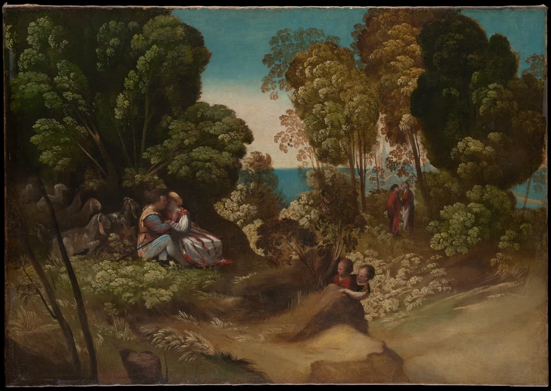Pintura de paisagem com grandes árvores de folhagem clara e um trecho de mar ao fundo: à esquerda, à sombra, um casal de jovens se beija, com cabras ao lado; no centro, duas crianças espiam por cima de um montículo; à direita, bem pequenas, duas figuras de vermelho conversam entre as árvores.
