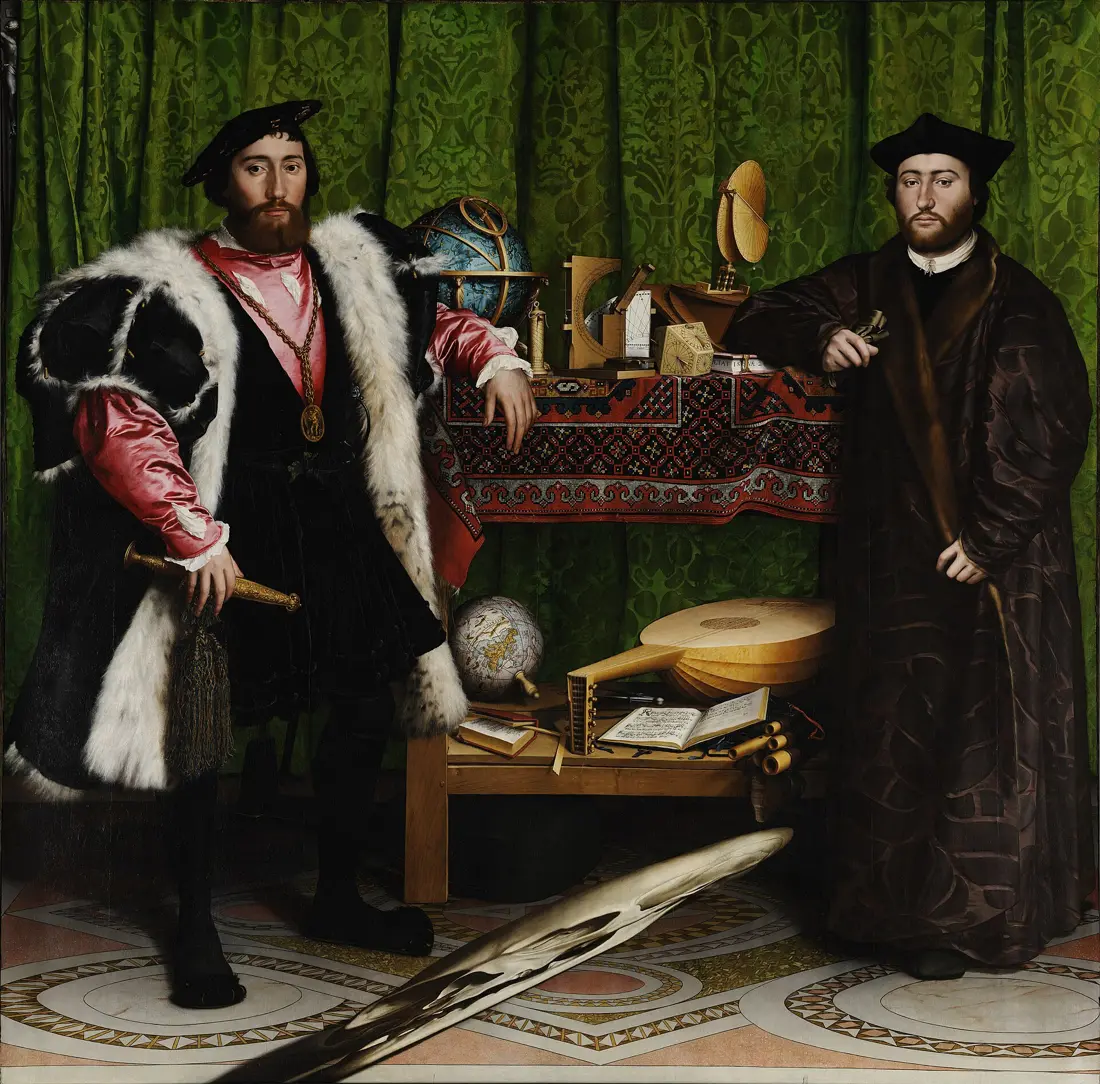 Pintura de 1533: dois embaixadores de pé ao lado de uma estante com instrumentos científicos; no chão, uma forma alongada e distorcida que só se revela uma caveira quando vista de lado.