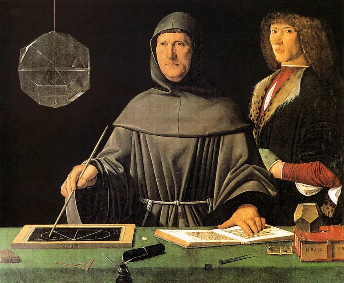 Pintura de 1495: um frade de hábito cinza desenha uma figura geométrica numa lousa sobre uma mesa verde, com um livro aberto sob a mão; ao lado, um jovem de pé; no alto, um poliedro de vidro suspenso.