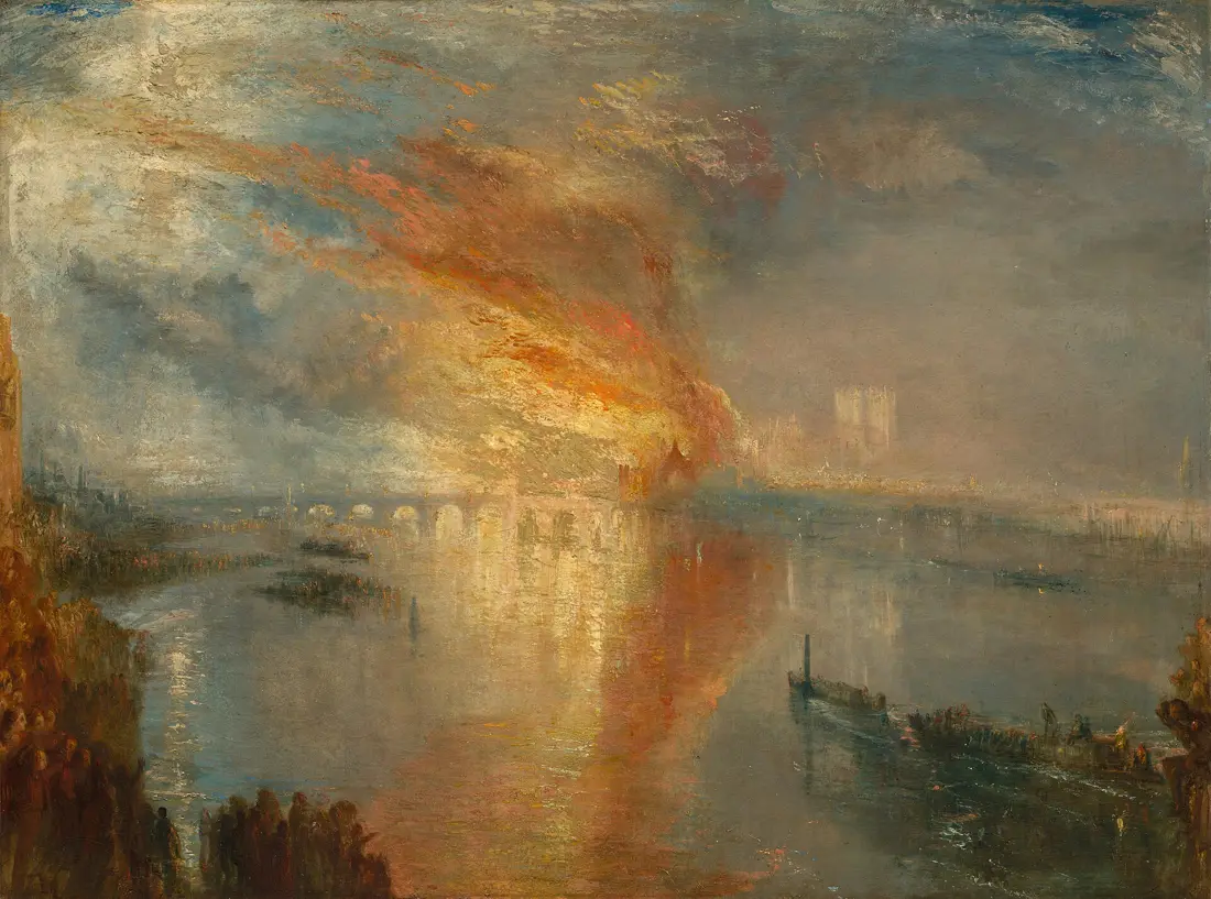Pintura de 1834: o Palácio de Westminster em chamas visto do outro lado do Tâmisa, com o fogo refletido na água e uma multidão nas margens.