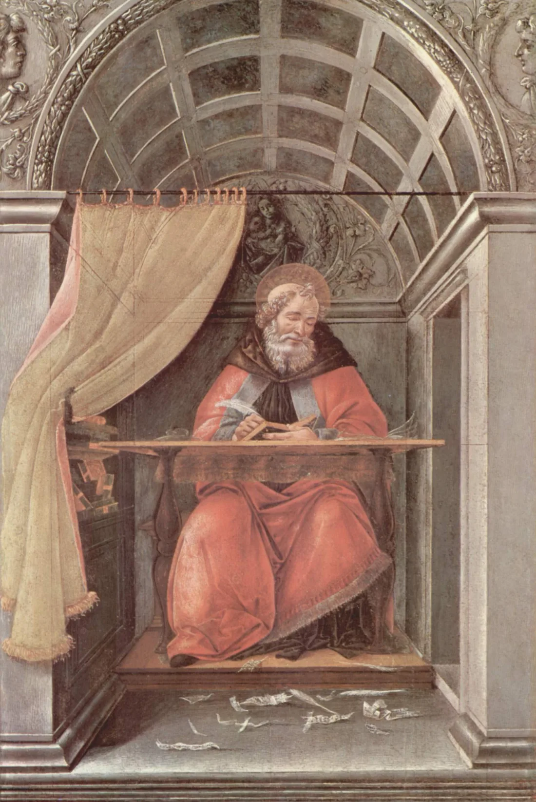 Pintura: um homem de barba branca e auréola, de manto vermelho, sentado a uma escrivaninha estreita numa cela de pedra com abóbada de caixotões, escreve com uma pena, os olhos baixos; à esquerda, uma cortina amarela recolhida; no chão, à frente dele, pedaços de papel espalhados.