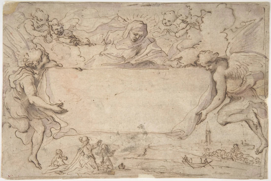 Desenho a pena e aguada marrom sobre papel: no alto, a Virgem de véu e auréola, entre nuvens e querubins, olha para baixo; dois anjos de asas abertas, um de cada lado, seguram uma grande tábua retangular vazia; embaixo, bem pequenos, aparecem devotos ajoelhados junto à água, um barco com dois remadores e uma torre ao longe.