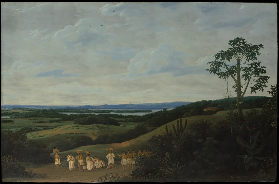 Pintura de paisagem: um céu largo, de nuvens claras, ocupa dois terços do quadro; abaixo, colinas arredondadas cobertas de mata descem até um rio que brilha ao longe; à direita, uma árvore de tronco fino e folhas largas e arbustos escuros; em primeiro plano, num caminho de terra, um grupo de pessoas de roupa clara, algumas com cestos na cabeça.