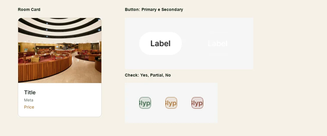 Página de componentes: Room Card, Button Primary e Secondary e Check nos três estados