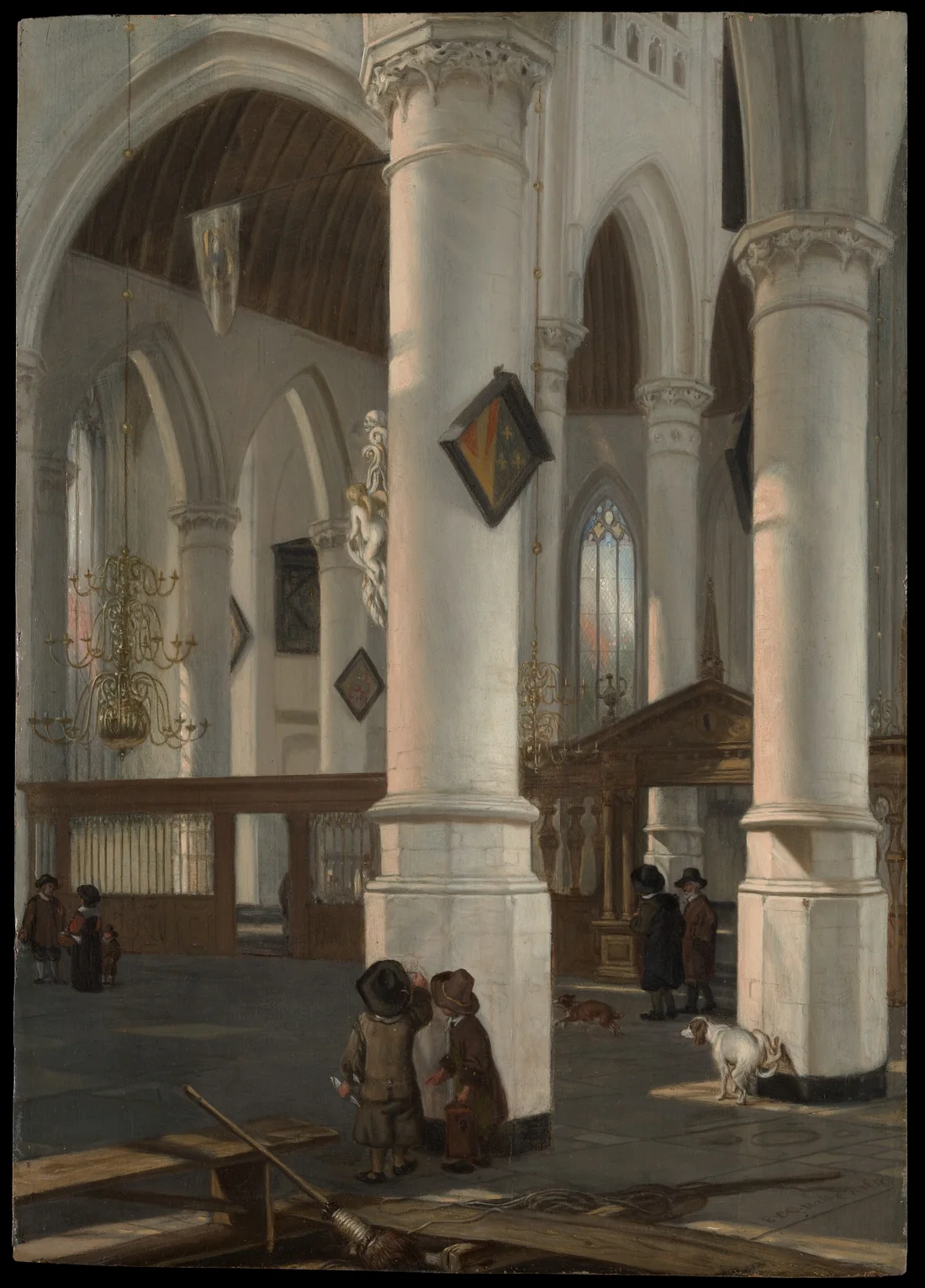 Pintura de um interior de igreja gótica com colunas brancas muito altas; em primeiro plano, duas crianças de chapéu olham para a base de um pilar; ao fundo, dois homens de casaco conversam e dois cães descansam no piso de pedra; um lustre de bronze pende à esquerda e um escudo heráldico está preso a uma coluna.