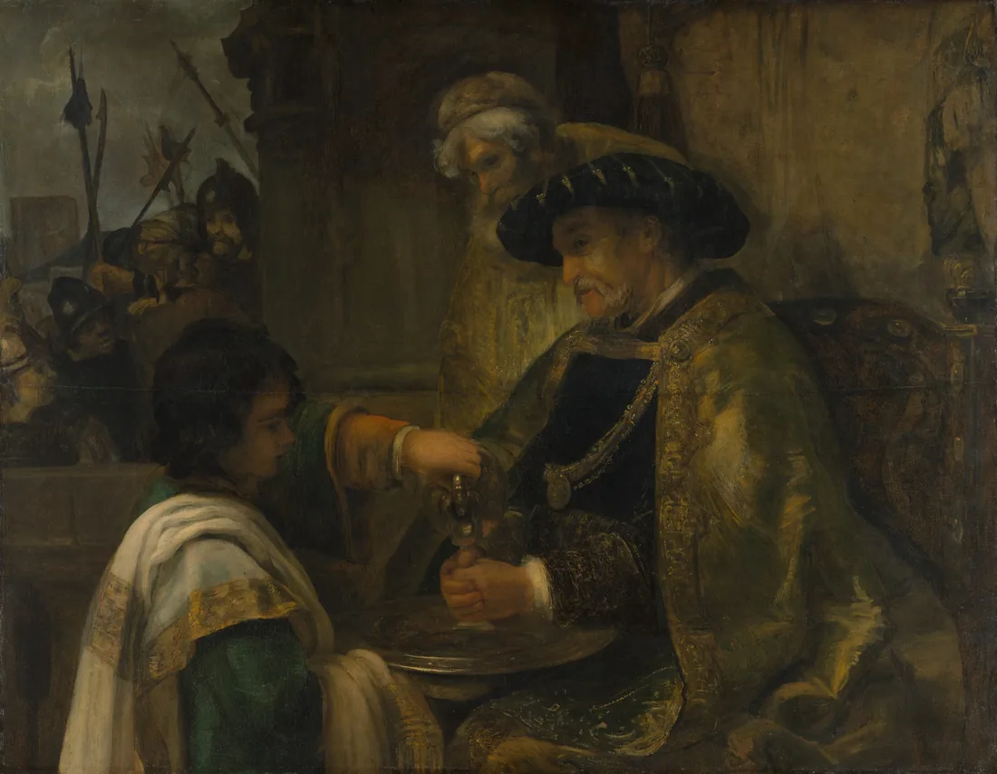 Pintura escura de tons dourados e verdes: um homem idoso de barba branca e chapéu de veludo, com manto bordado, está sentado e estende as mãos sobre uma bacia de metal; um rapaz de cabelo escuro, ajoelhado à esquerda, derrama água de uma jarra sobre elas; atrás, um velho de turbante observa e soldados com lanças espiam de um canto.