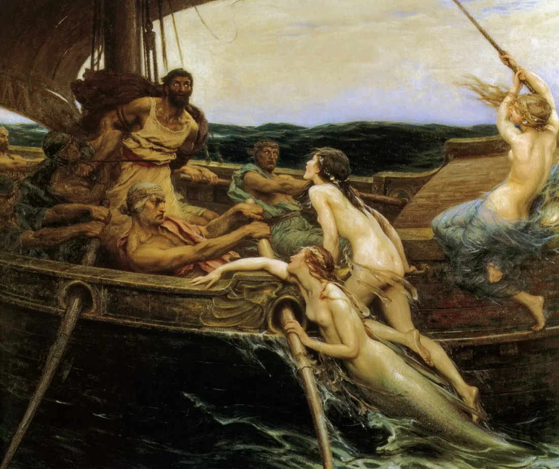 Pintura a óleo: num navio antigo, um homem barbado de túnica amarela está preso ao mastro, à esquerda, e olha para as sereias; remadores de torso nu curvam-se sobre os remos, e duas sereias trepam pelo costado enquanto uma terceira, à direita, se agarra a um cabo.