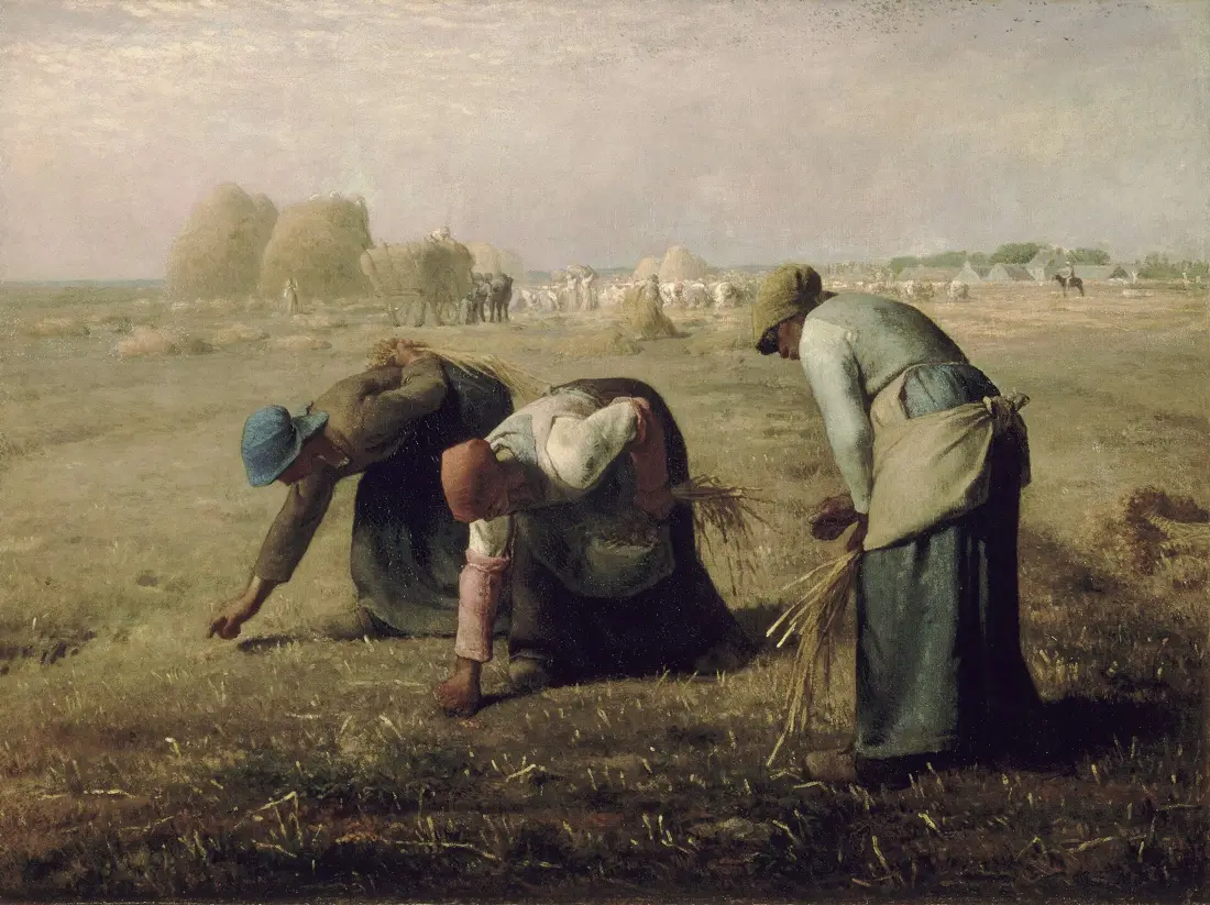 Pintura de 1857: três camponesas curvadas recolhem espigas deixadas no campo depois da colheita, com medas de trigo ao fundo.