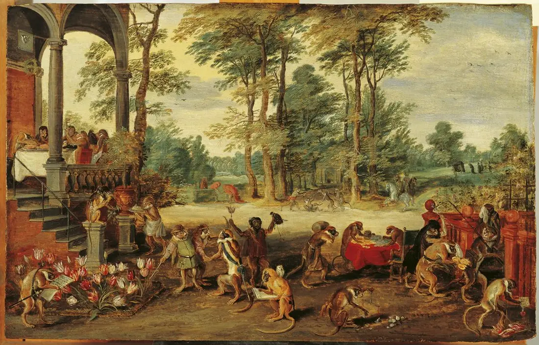 Pintura satírica do século XVII: macacos vestidos como mercadores negociam tulipas, pesam moedas e fazem contas diante de um canteiro de flores.