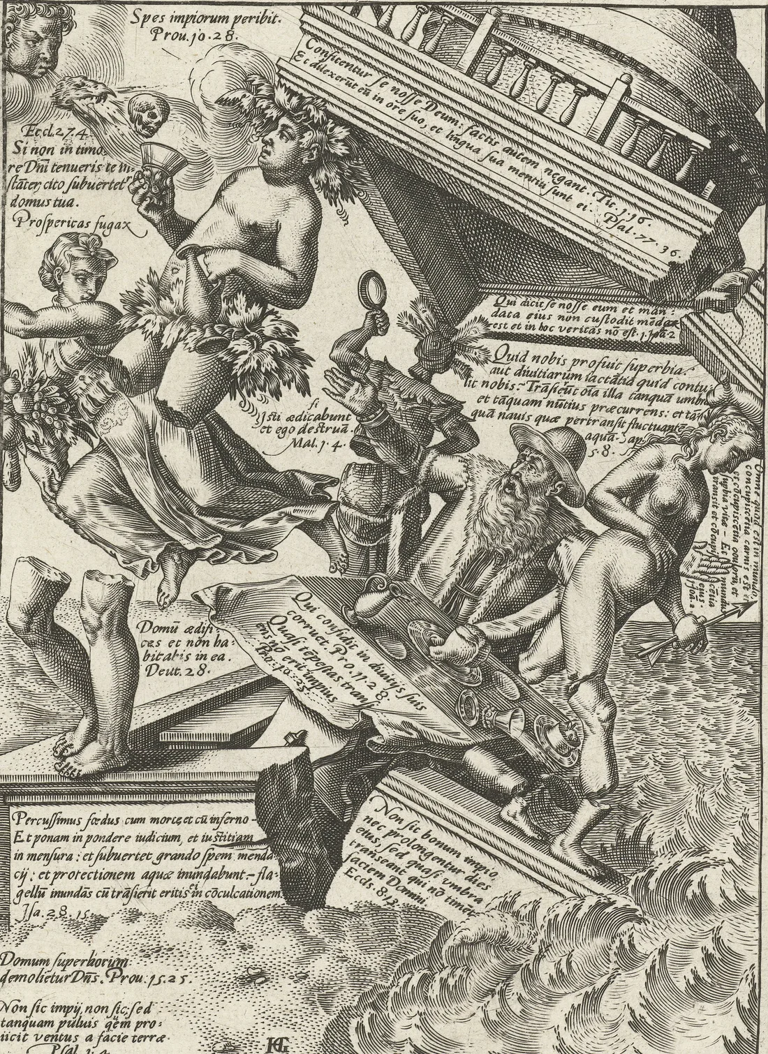 Gravura em preto e branco: um templo redondo com balaustrada tomba sobre um mar revolto; figuras alegóricas despencam entre os blocos, uma delas coroada de folhas ergue uma taça, um velho barbudo de chapéu grita. Faixas com inscrições em latim cruzam a cena.