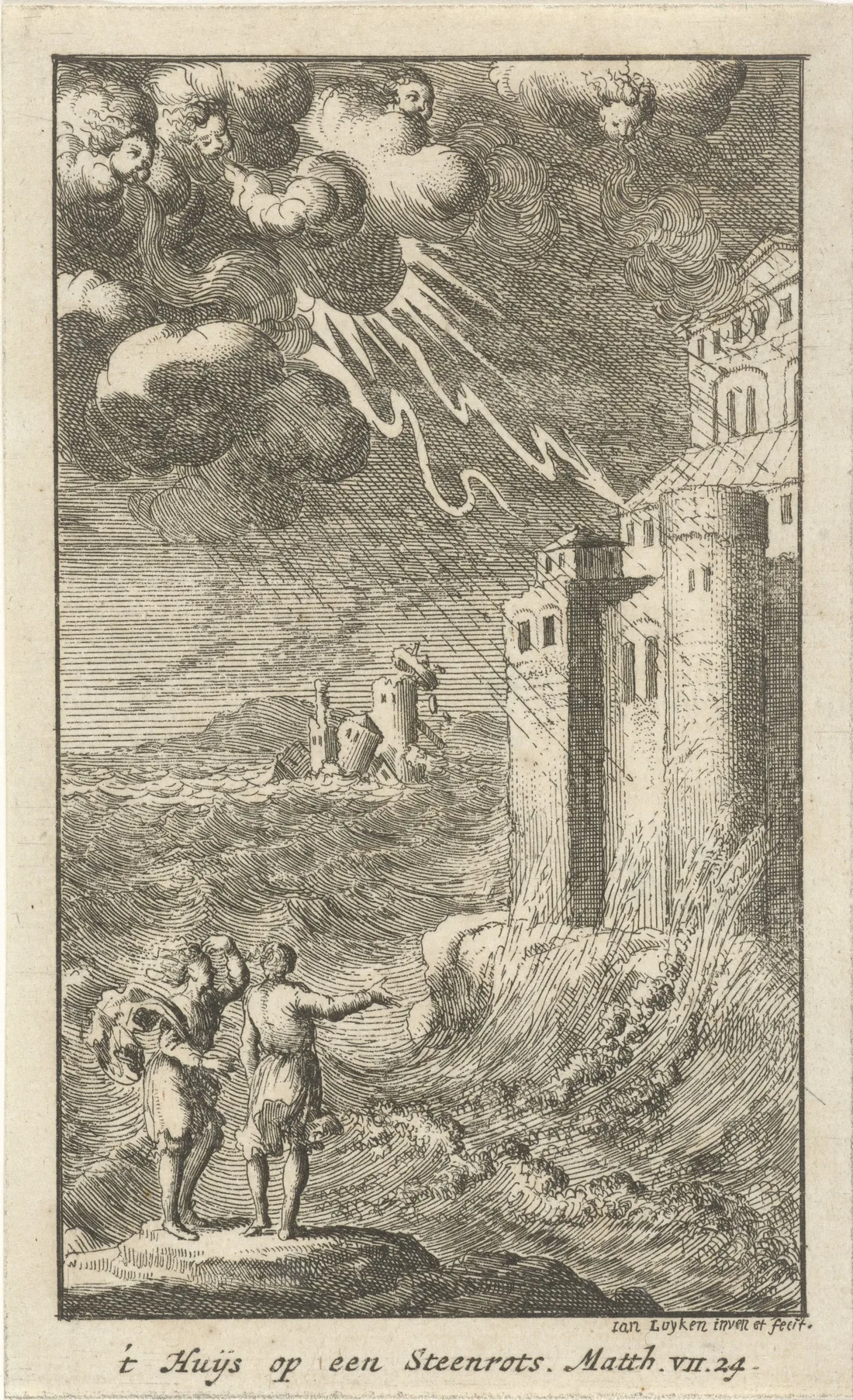 Água-forte: dois homens de pé numa rocha apontam para o mar em tempestade; à direita, uma casa alta de pedra resiste às ondas; ao fundo, outra construção desaba e afunda; nuvens com rostos sopram vento e um raio corta o céu.