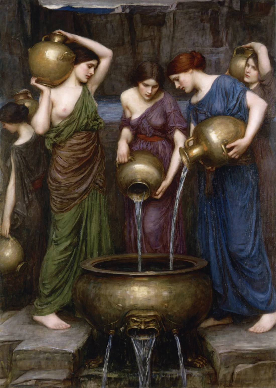 Pintura: cinco mulheres de túnicas verde, roxa e azul despejam água de jarros de bronze numa grande bacia; na base da bacia, a água escorre para fora pela boca de uma máscara esculpida.