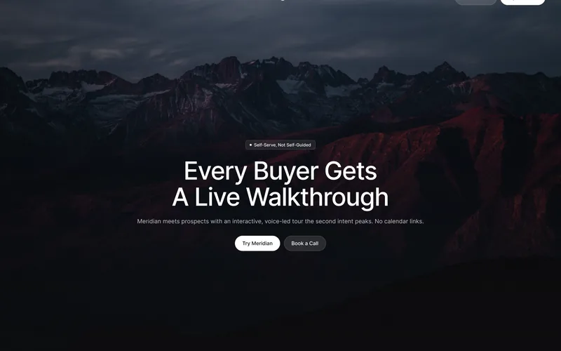 Hero de landing escura: cordilheira ao anoitecer, título Every Buyer Gets A Live Walkthrough e dois botões